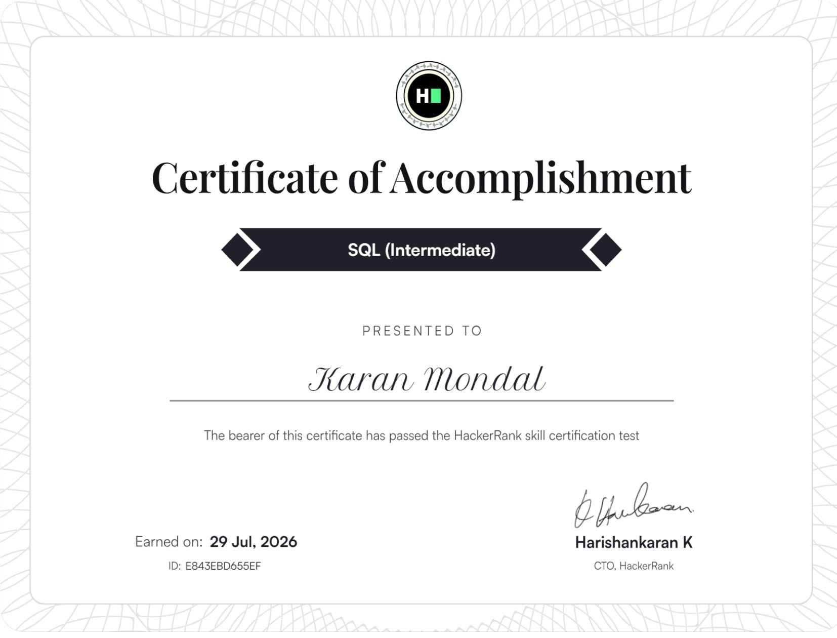 HackerRank SQL Intermediate certificate
