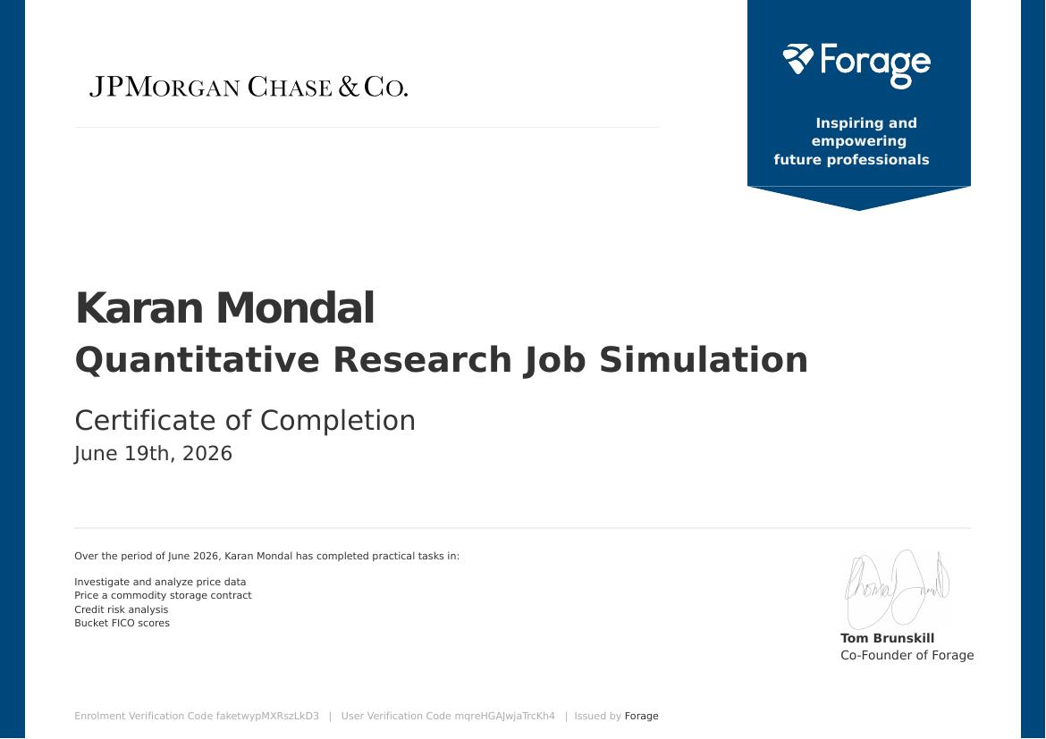 JPMorgan Chase Quantitative Research Job Simulation certificate